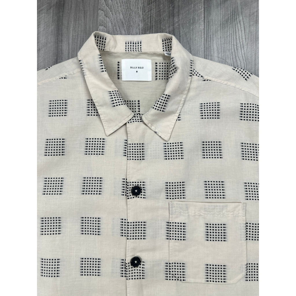 Billy Reid Short Sleeve Linen Blend Camp Shirt in Natural and Black — Size Medium // Preowned