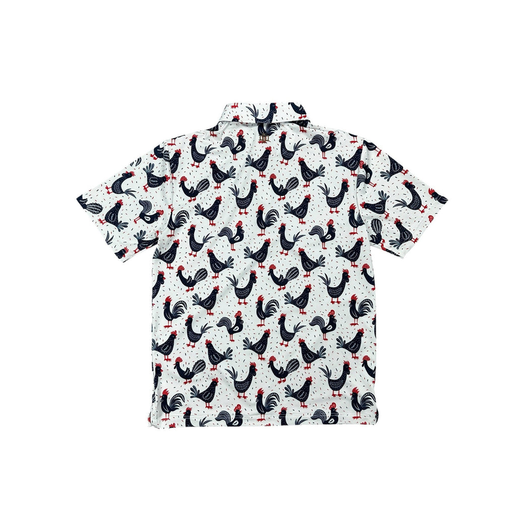 Iron Oak Cock-a-doo Western Performance Golf Pearl Snap Polo in White, Red and Navy — Size Medium // Preowned