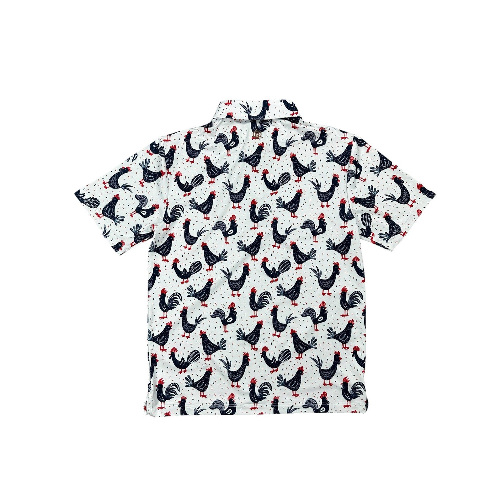 Iron Oak Cock-a-doo Western Performance Golf Pearl Snap Polo in White, Red and Navy — Size Medium // Preowned