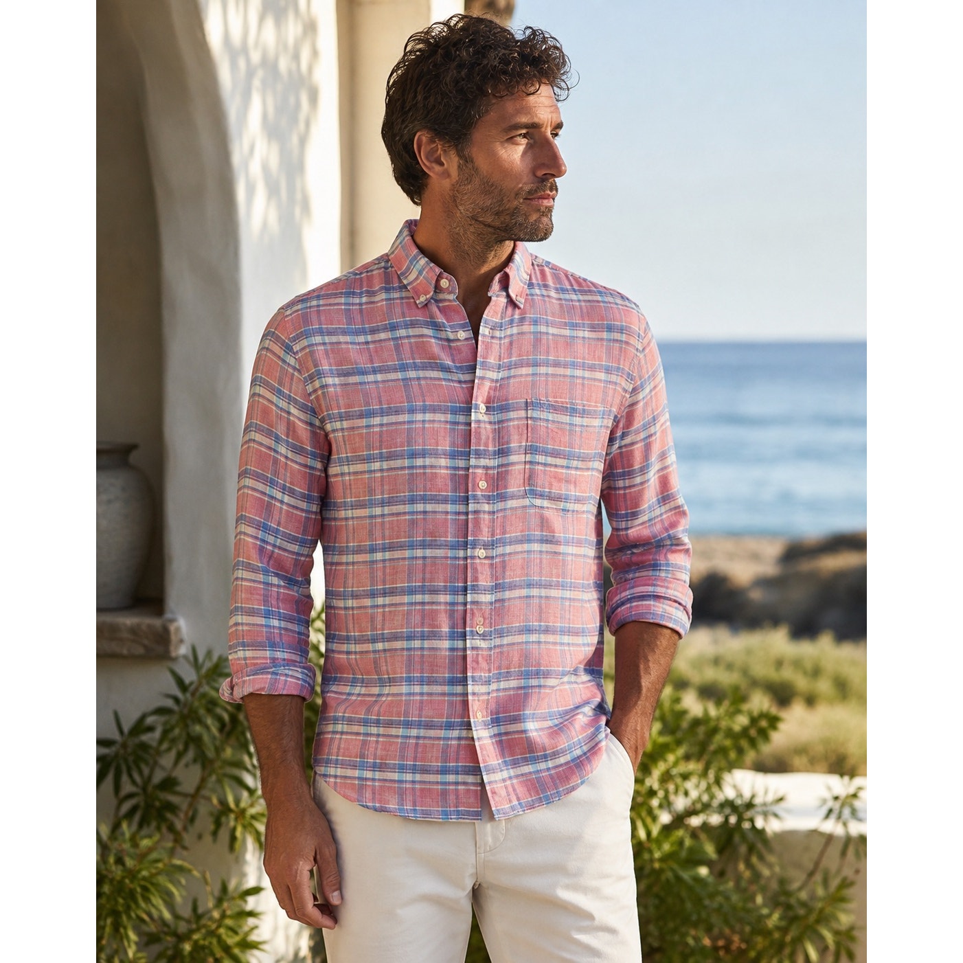 Faherty Linen Plaid Long Sleeve Button Down in Pink, Blue, Purple, White — Size Small // Preowned