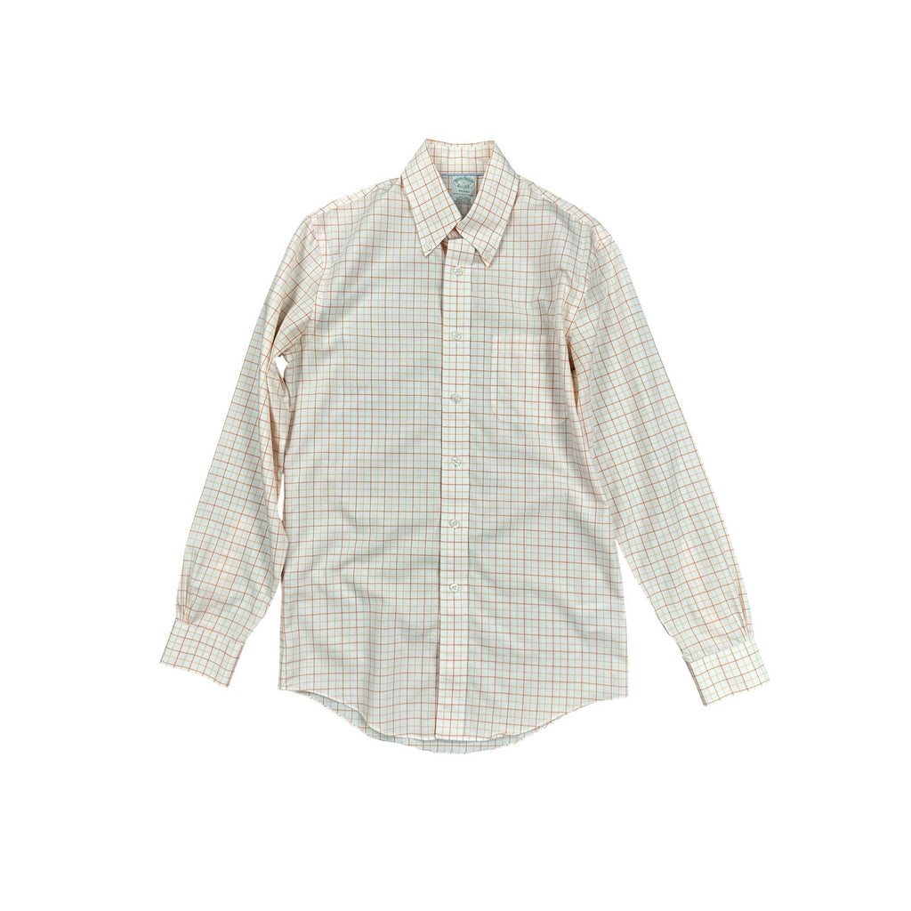 Brooks Brothers Milano Non-Iron Checkered Windowpane Long Sleeve Button Down in White Orange — Size Small // Preowned