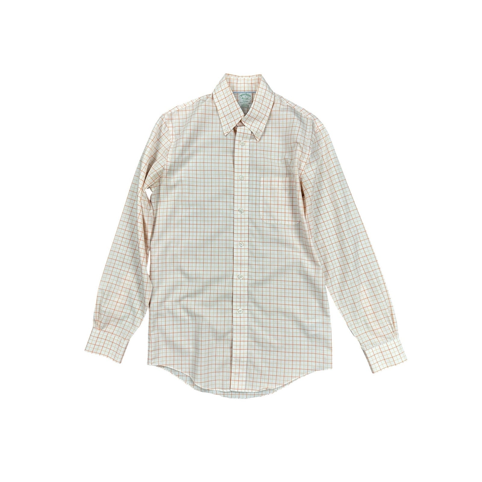 Brooks Brothers Milano Non-Iron Checkered Windowpane Long Sleeve Button Down in White Orange — Size Small // Preowned