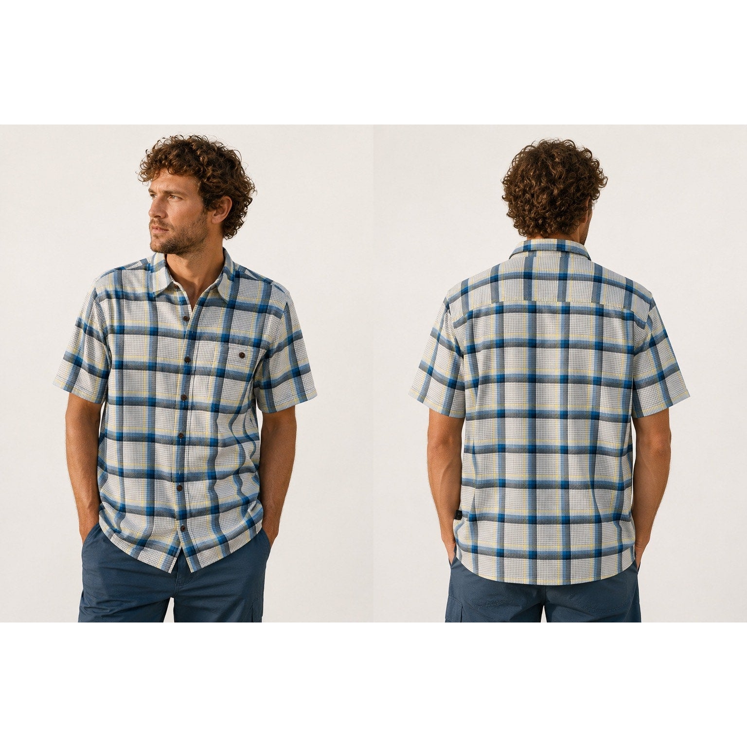 Patagonia A/C Plaid Short Sleeve Button Down in White Blue Black Yellow — Size Large // Preowned