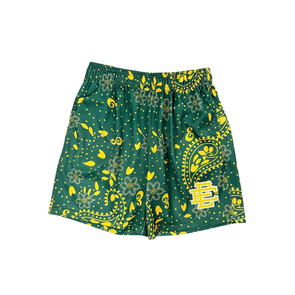 Eric Emanuel Paisley Mesh Gym Shorts in Green, Golden Yellow and White — Size XL // Preowned