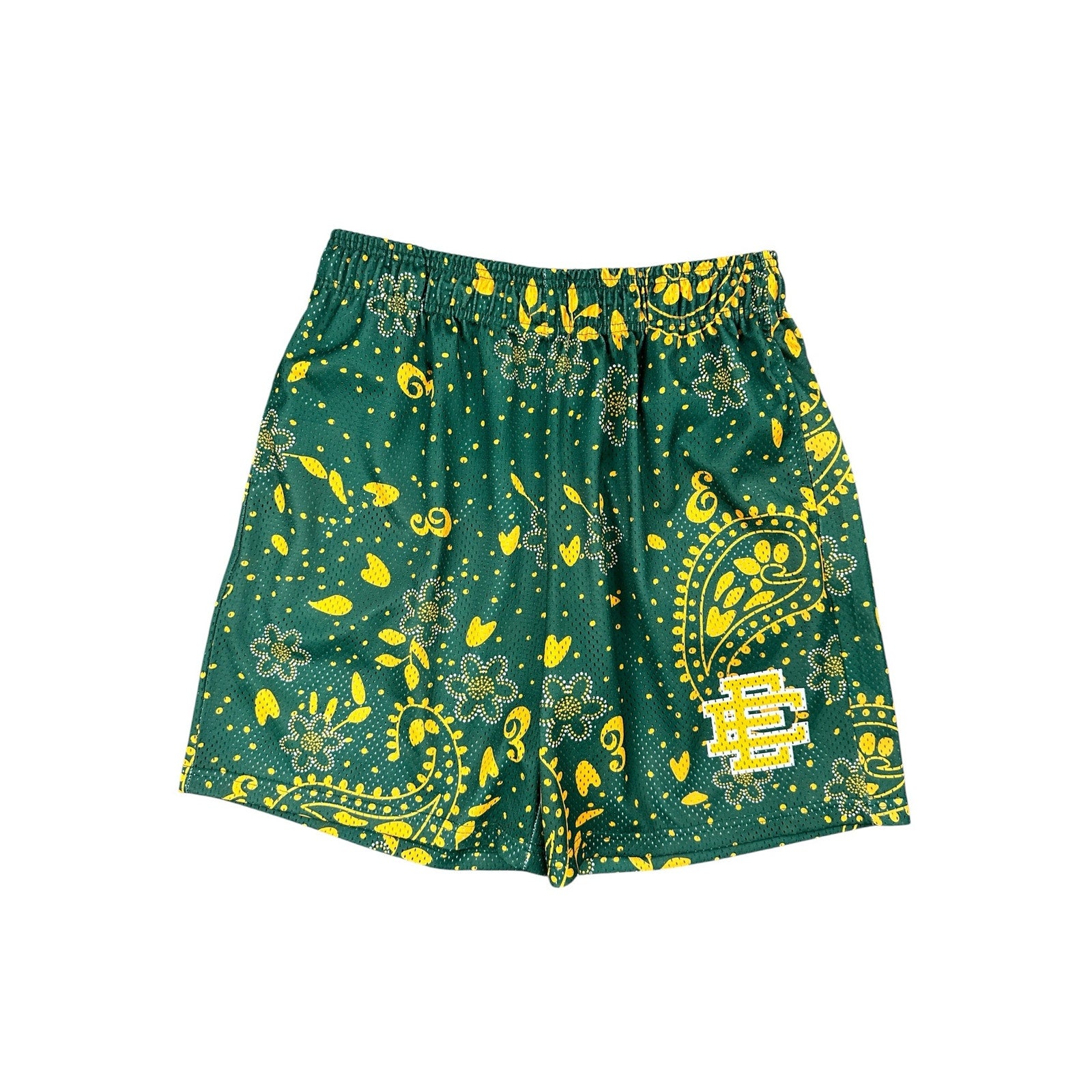 Eric Emanuel Paisley Mesh Gym Shorts in Green, Golden Yellow and White — Size XL // Preowned