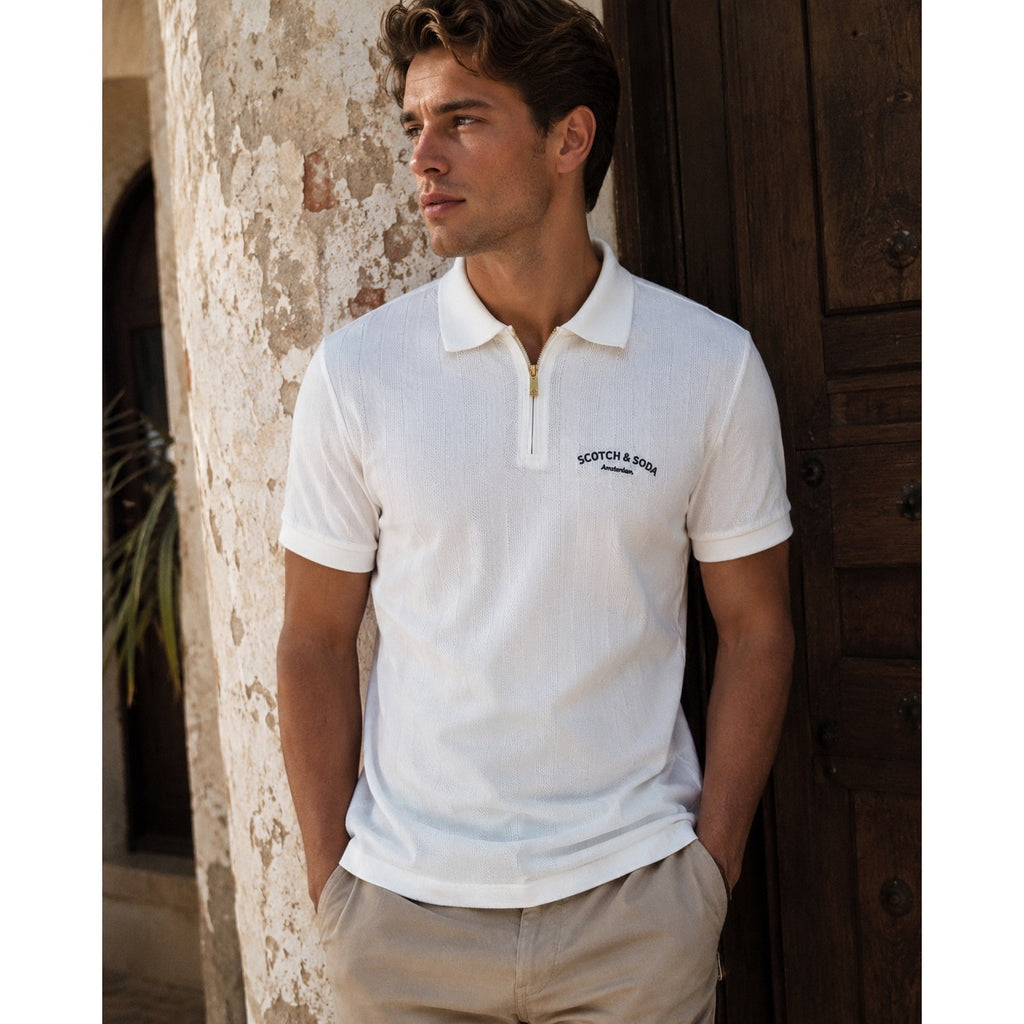 Scotch & Soda Popcorn Pique Zip Polo in Star White — Size Small