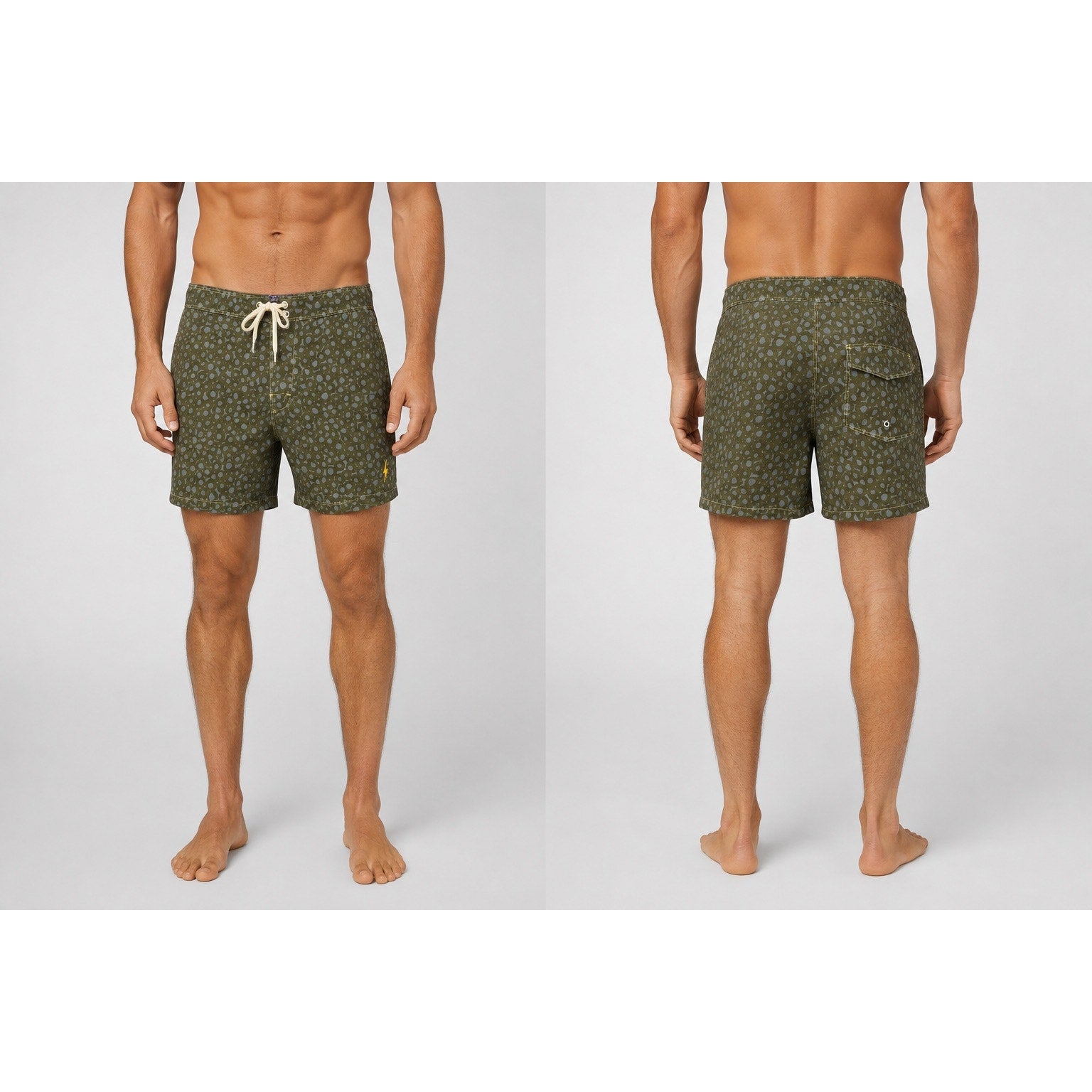Lightning Bolt Circle Board Shorts in Olive, Gray — Size 30 // Preowned