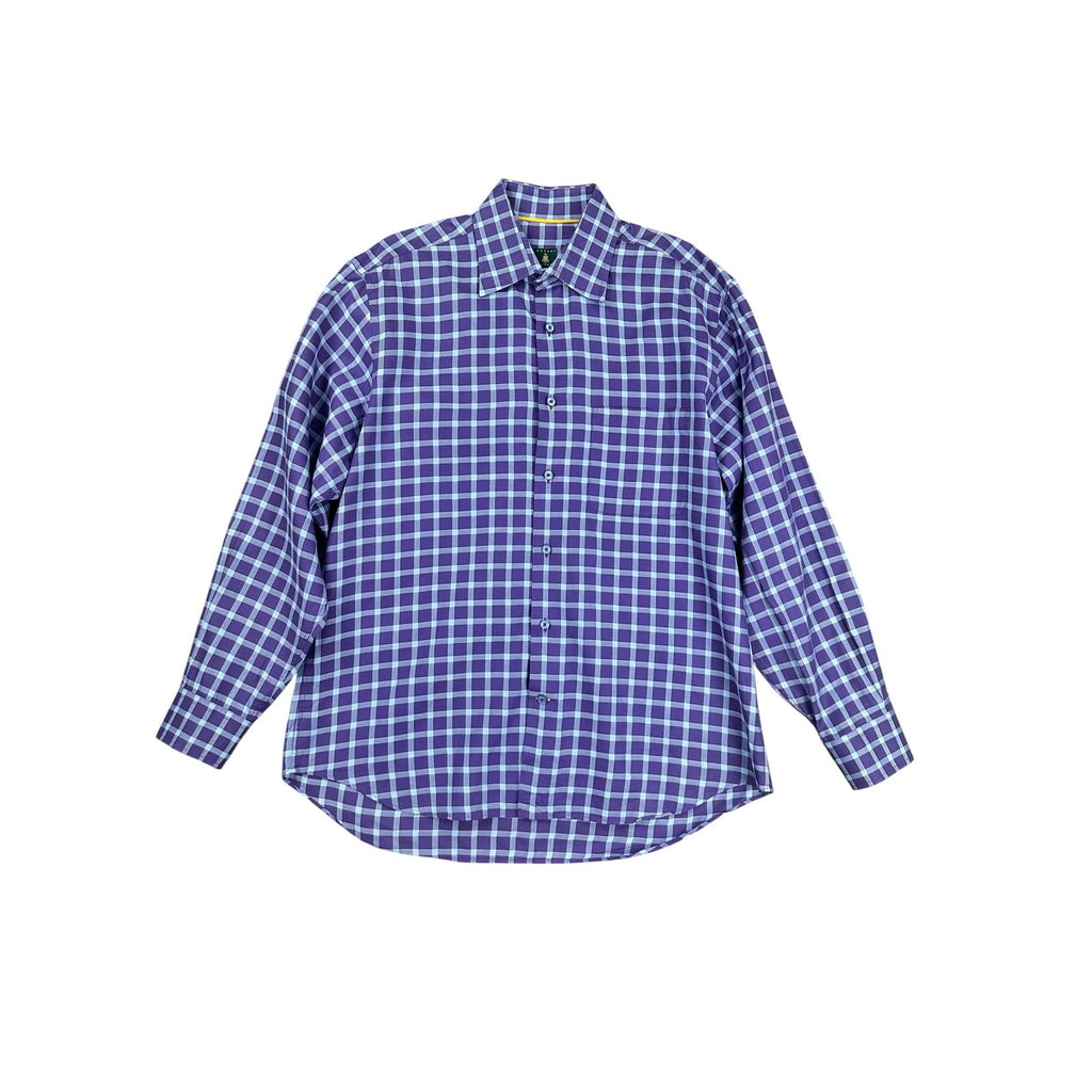 Robert Talbott Checkered Windowpane Long Sleeve Button Down in Purple Light Blue — Size Large // Preowned