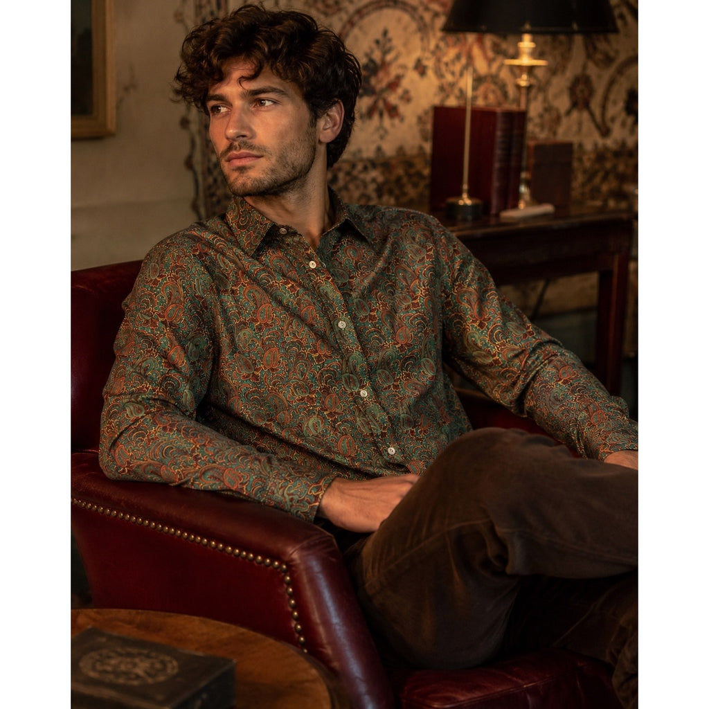 Maus & Hoffman Solemare Made in Italy Paisley Long Sleeve Button Down in Green, Red and Golden Yellow — Size XL // Preowned