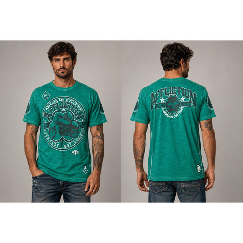Affliction American Customs Live Fast Get Lucky Graphic Tee Green  — Size XL