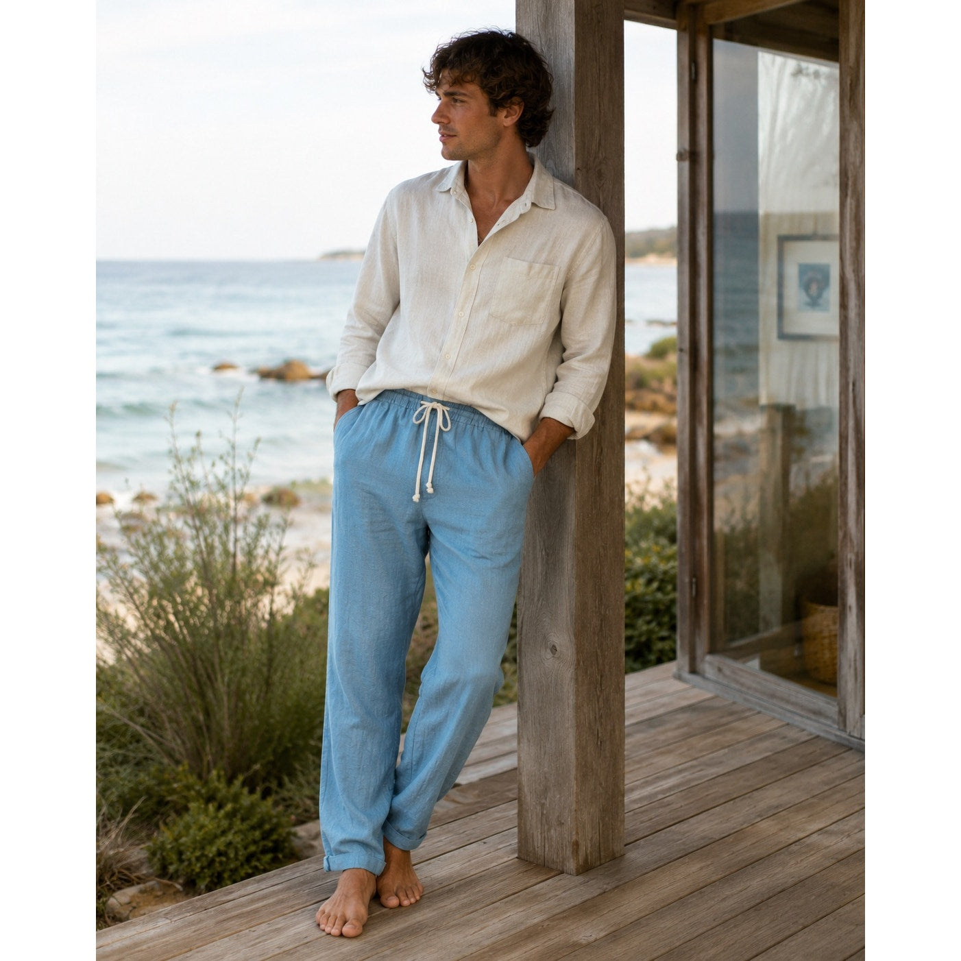 Alex Crane Bo Drawstring Linen Pants in Blue — Size Medium