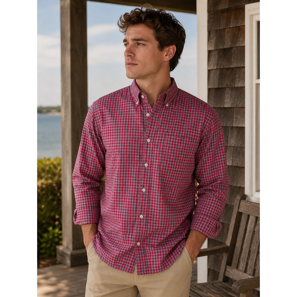 Southern Tide Classic Fit Gingham Check Button Down Shirt in Dark Pink Gray — Size XL