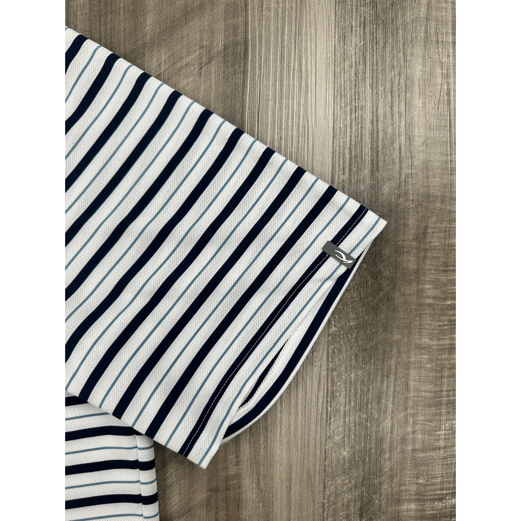KJUS Luis Multi Stripe Comfort Fit Performance Polo in White, Navy, Slate Blue — Size 56 (2XL)