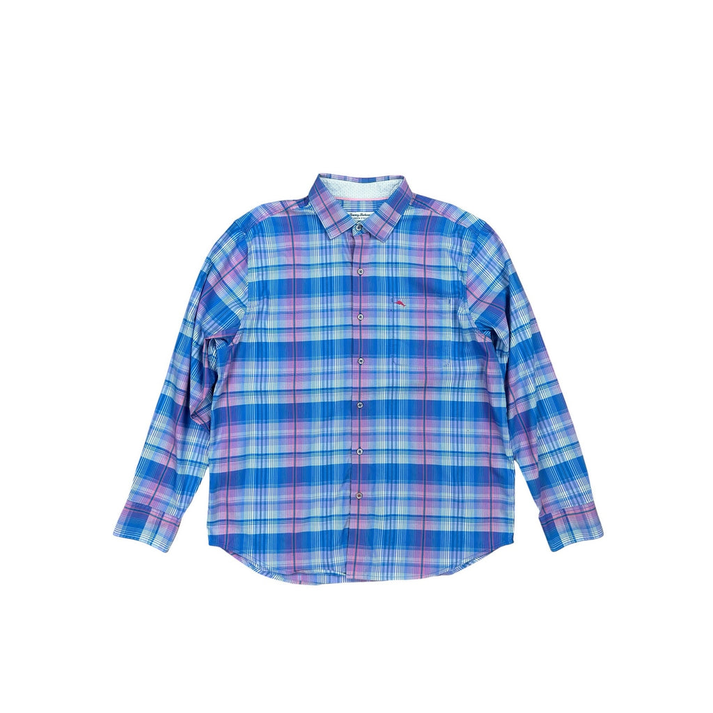 Tommy Bahama Sarasota Stretch Prismatic Plaid Long Sleeve Shirt in Blue, Pink, Green, White — Size Large // Preowned