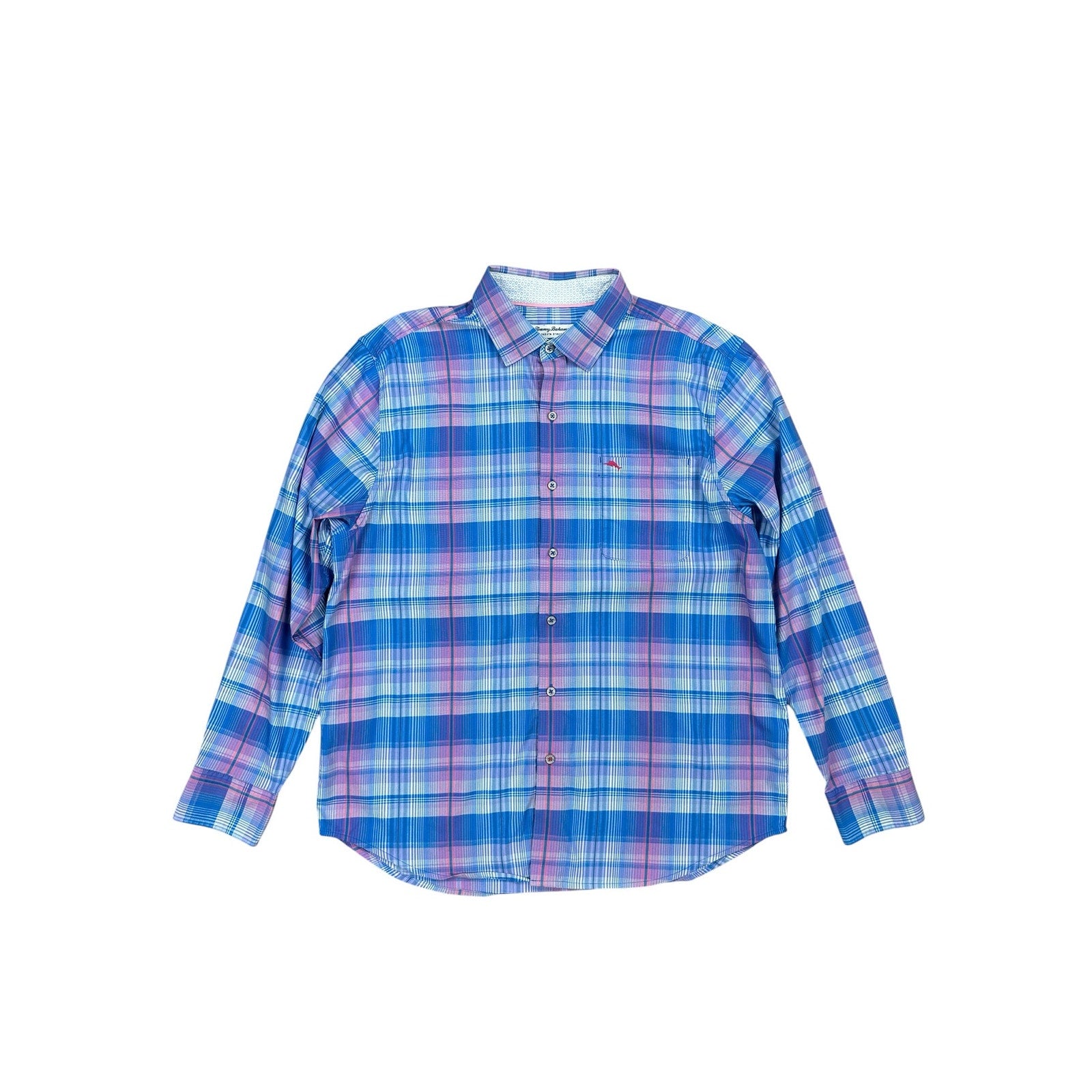 Tommy Bahama Sarasota Stretch Prismatic Plaid Long Sleeve Shirt in Blue, Pink, Green, White — Size Large // Preowned
