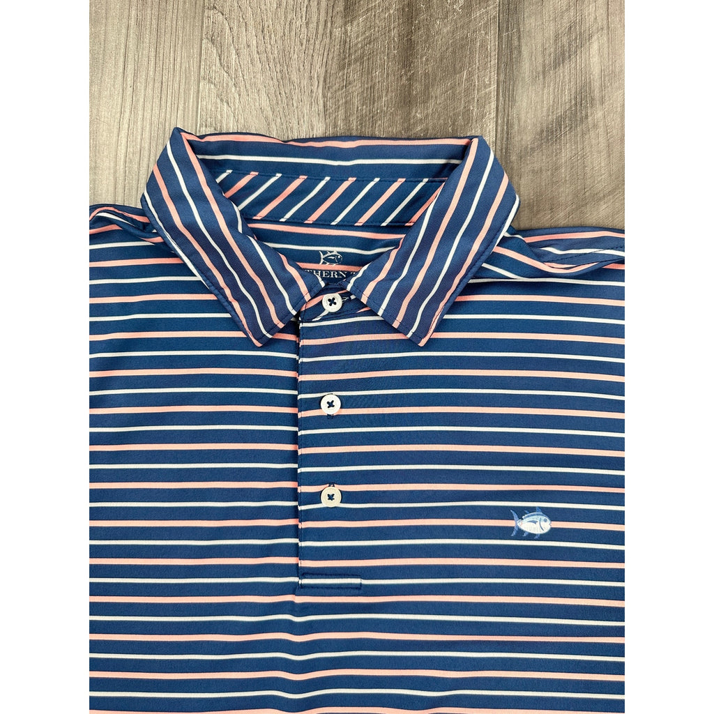 Southern Tide Driver Performance Stretch Striped Polo in Navy Coral White — Size Large