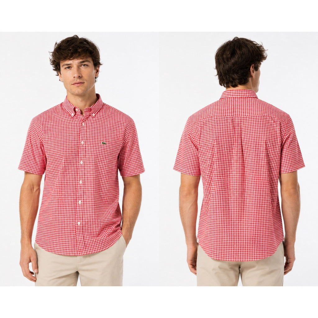 Lacoste Short Sleeve Regular Fit Gingham Poplin Shirt in Red, White — Size XL // Preowned