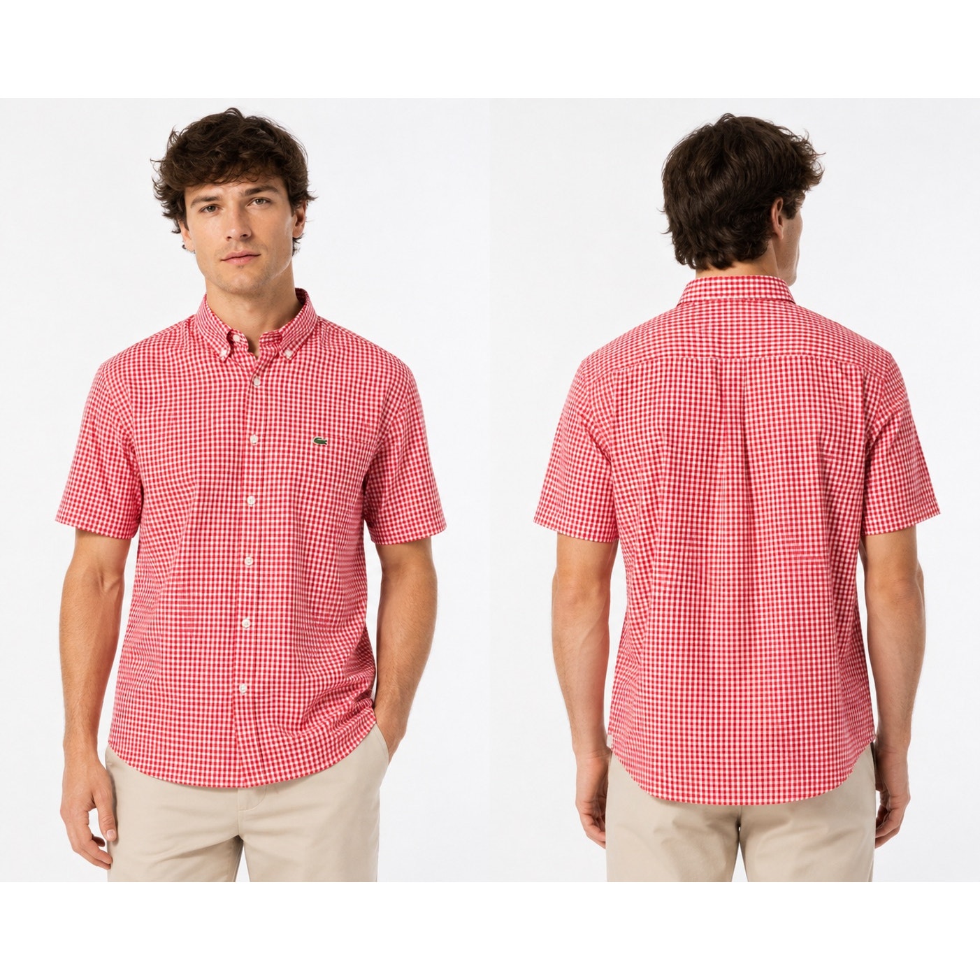 Lacoste Short Sleeve Regular Fit Gingham Poplin Shirt in Red, White — Size XL // Preowned