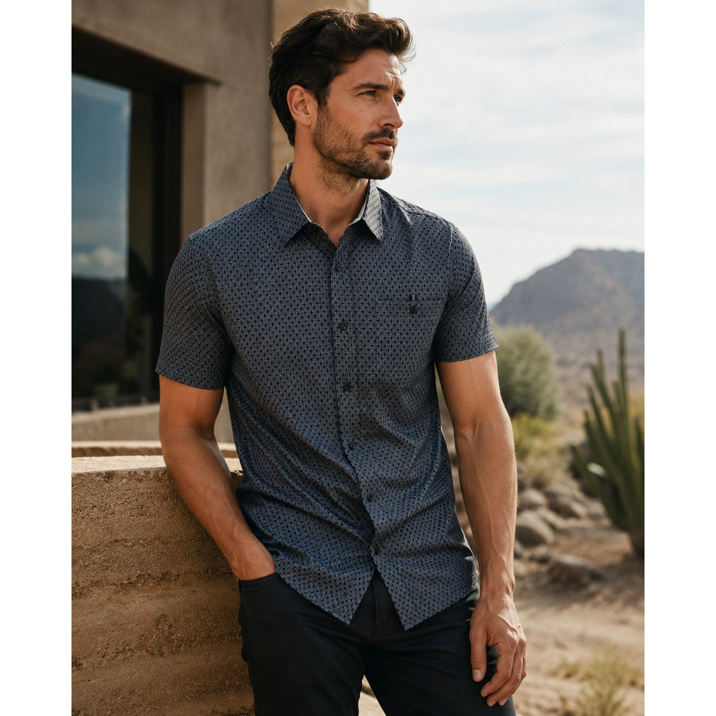 7 Diamonds Flawless 4 Way Stretch Woven Short Sleeve Shirt in Gray and Charcoal — Size Medium // Preowned
