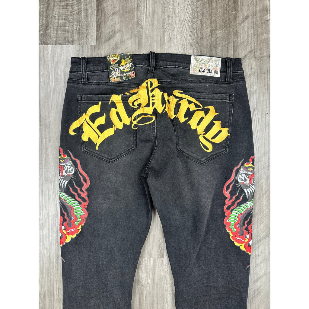 Ed Hardy Stacked Boot Cut Stretch Jeans in Black Wash — Size 34