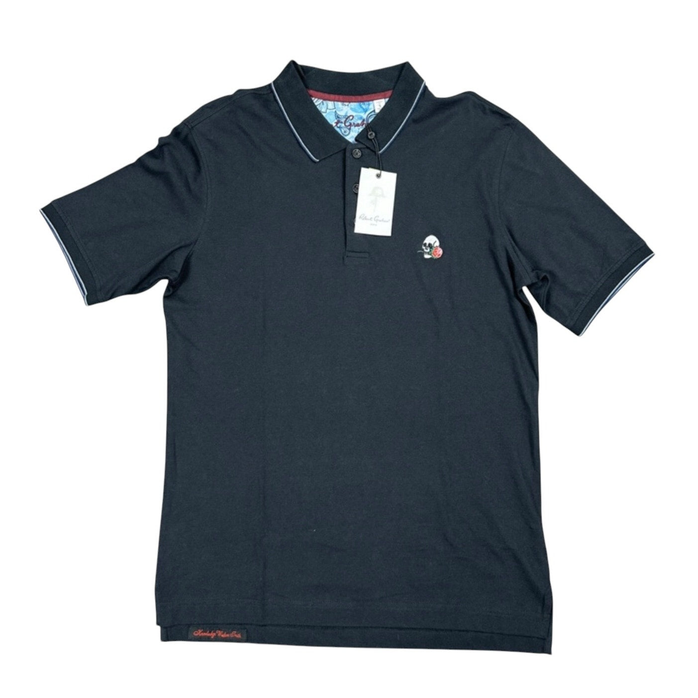 Robert Graham Rossi Skull and Rose Logo Black Classic Fit Polo - Small