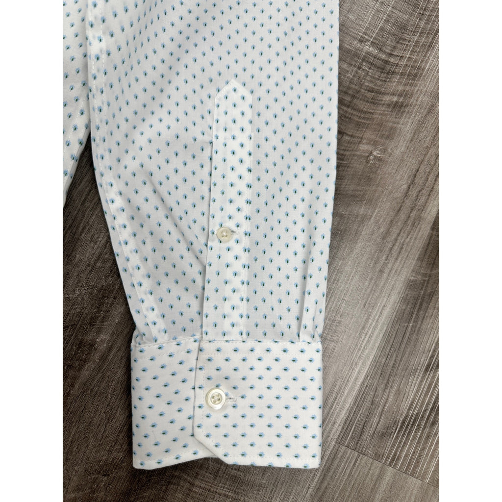 Bonobos Tailored Fit Long Sleeve Button Down in White with Blue and Green Leaves — Size 17.5/36 (XL)