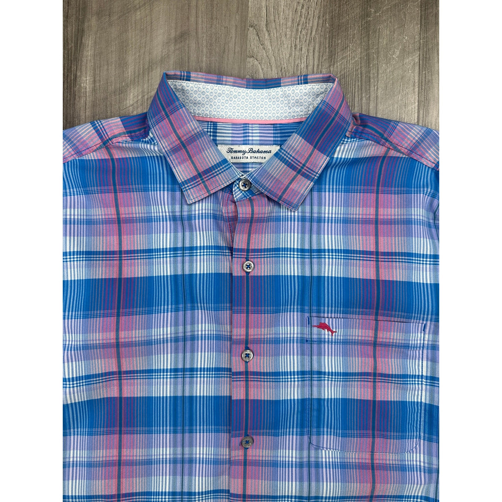Tommy Bahama Sarasota Stretch Prismatic Plaid Long Sleeve Shirt in Blue, Pink, Green, White — Size Large // Preowned