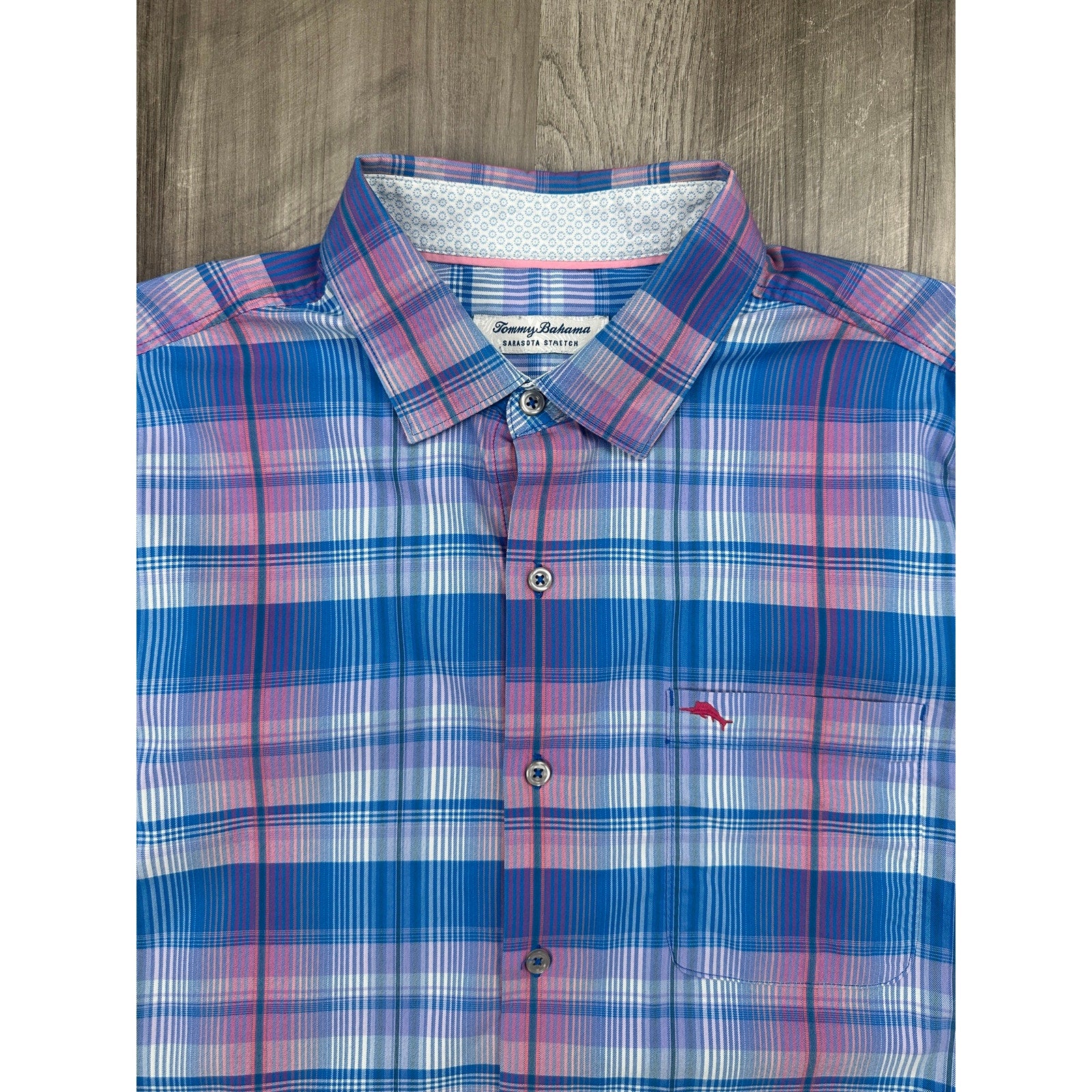 Tommy Bahama Sarasota Stretch Prismatic Plaid Long Sleeve Shirt in Blue, Pink, Green, White — Size Large // Preowned
