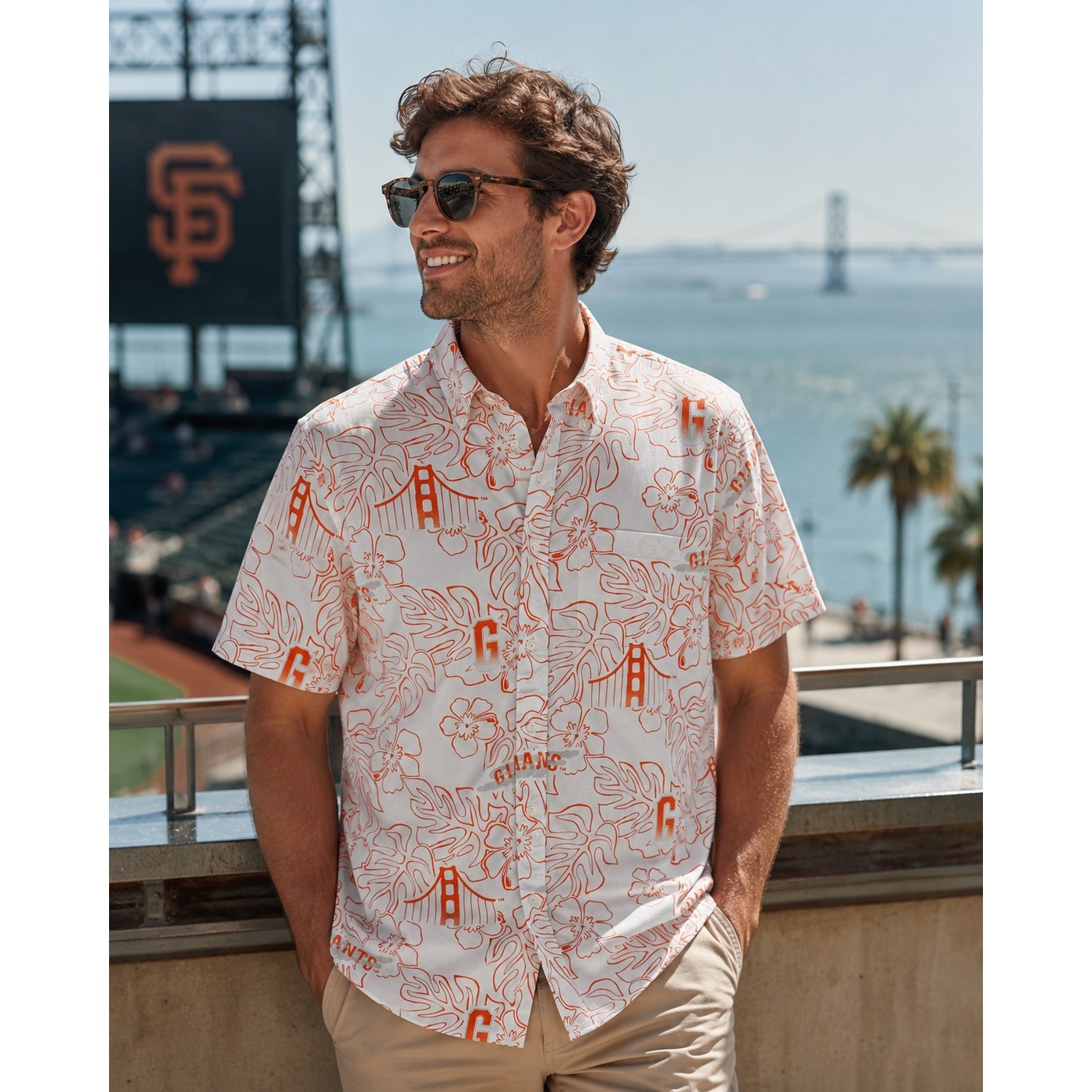 Reyn Spooner San Francisco Giants MLB Genuine Merchandise Hawaiian Short Sleeve in White, Orange and Grey — Size Medium // Preowned