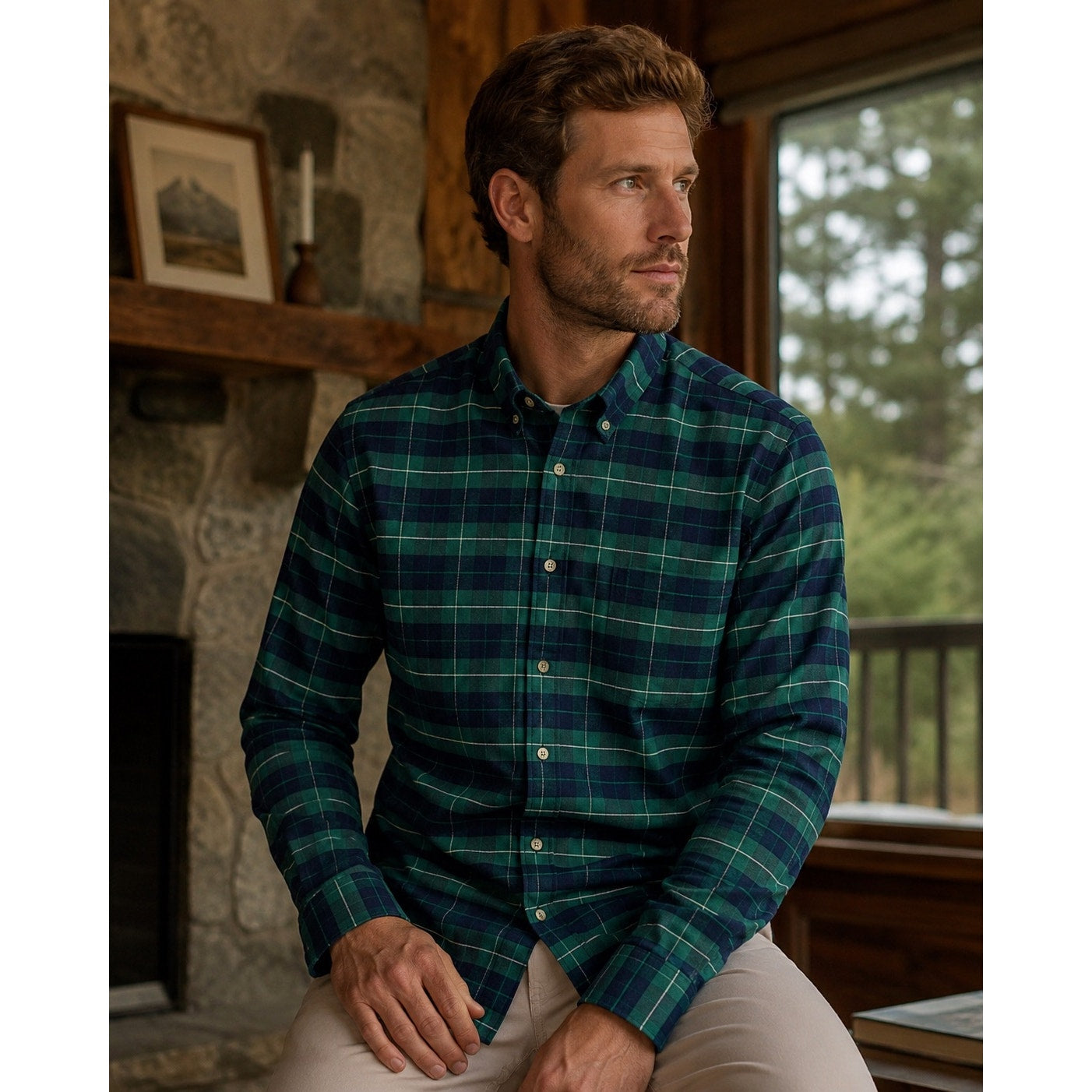 Mizzen+Main Flannel Plaid Trim Fit Long Sleeve Button Down in Green, Navy and White — Size 2XL // Preowned