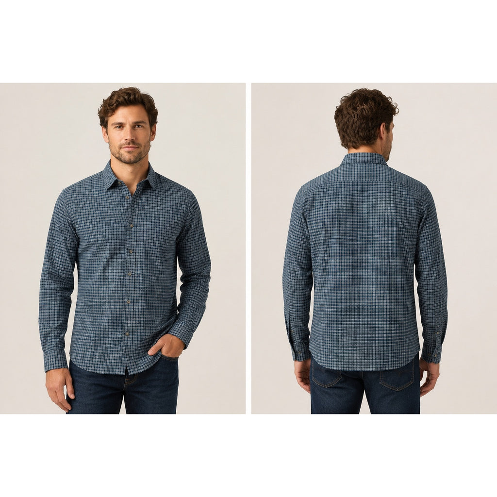 7 For All Mankind Plaid Long Sleeve Button Down in Dark Green Midnight and White — Size Medium // Preowned