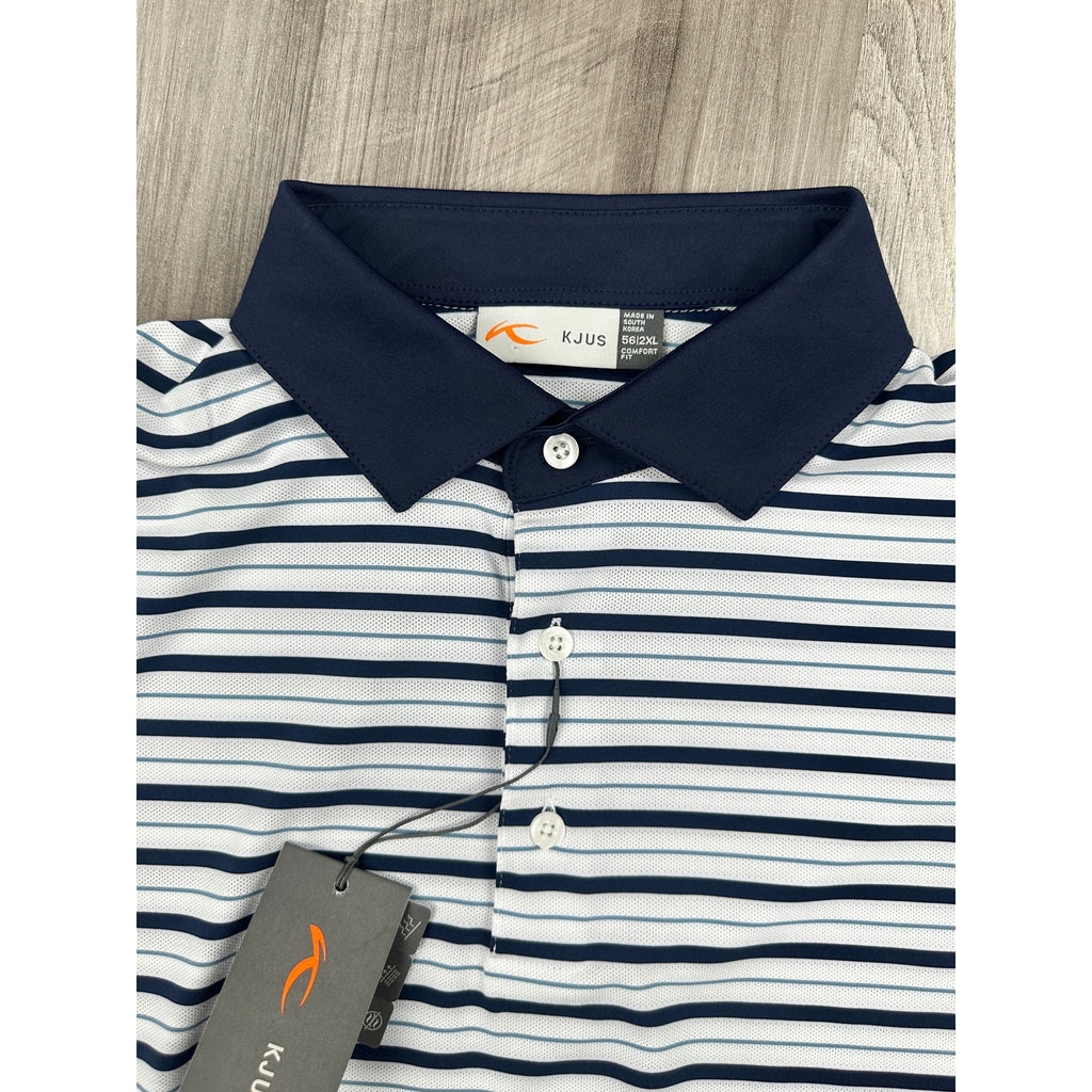 KJUS Luis Multi Stripe Comfort Fit Performance Polo in White, Navy, Slate Blue — Size 56 (2XL)