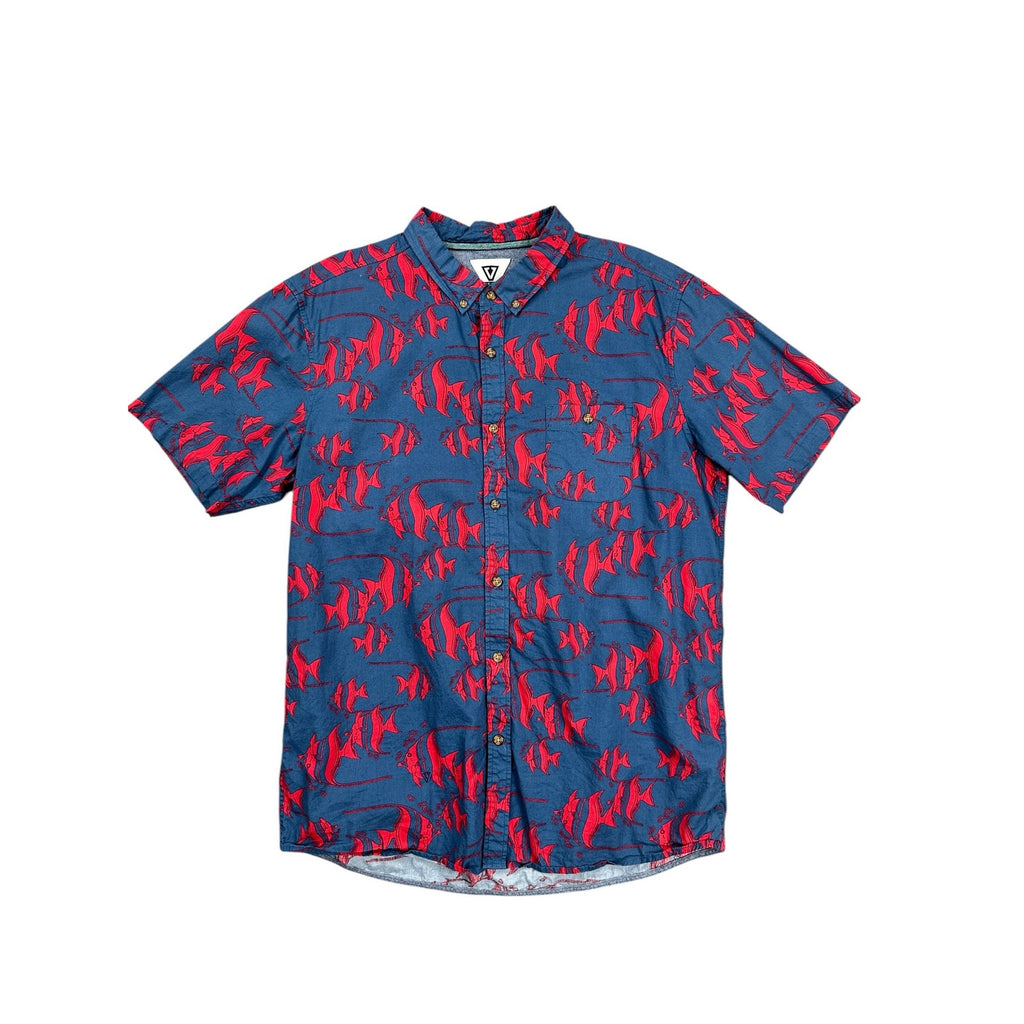 Vissla Deep Seas Short Sleeve Button Down in Dark Blue Gray Red — Size XL // Preowned