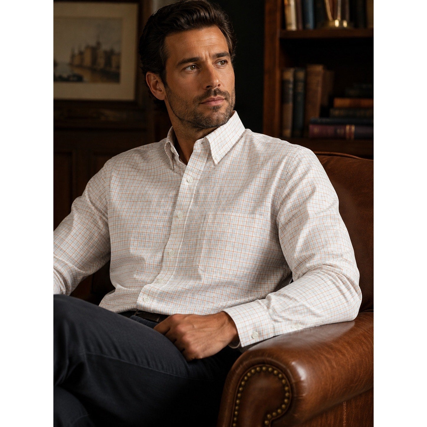 Brooks Brothers Milano Non-Iron Checkered Windowpane Long Sleeve Button Down in White Orange — Size Small // Preowned
