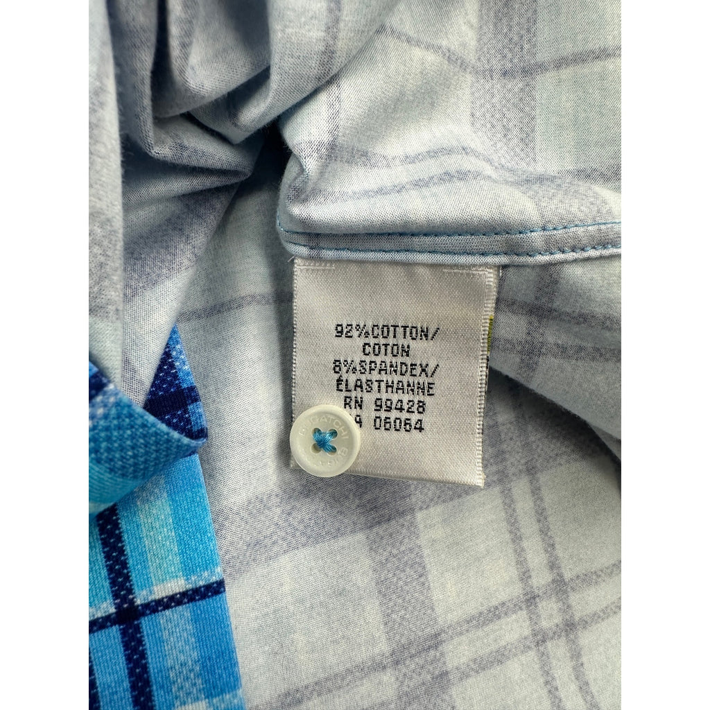 Bugatchi Plaid OoohCotton 8 Way Stretch Short Sleeve Shirt in Classic Blue — Size Medium