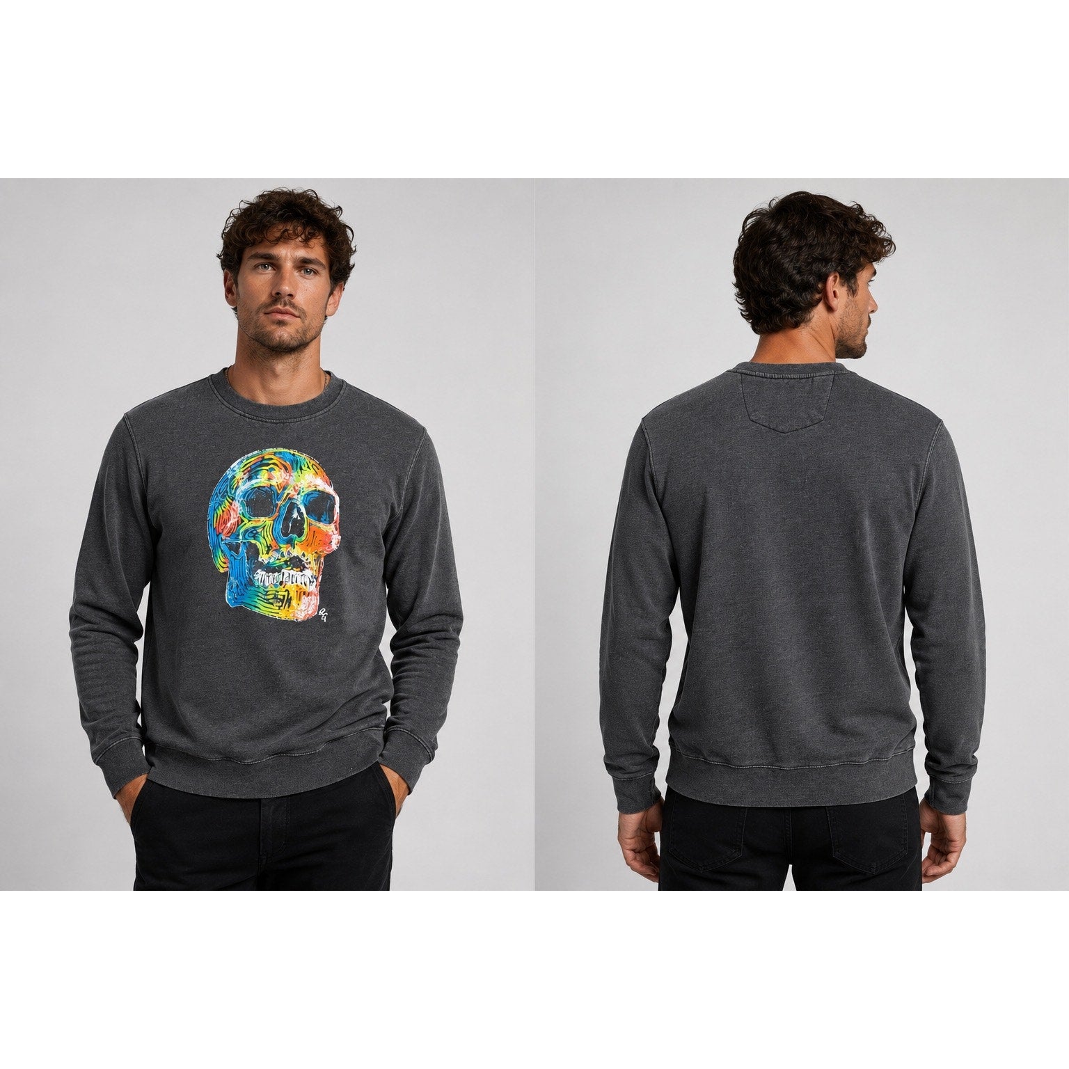Robert Graham Neon Bones Graphic Long Sleeve Sweatshirt in Charcoal — Size 2XL