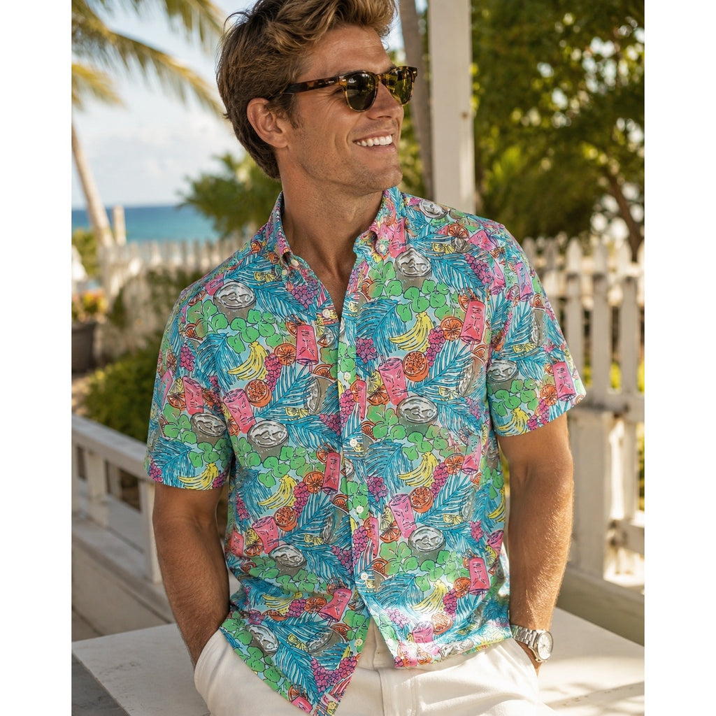 Vineyard Vines Tropical Classic Fit Short Sleeve Murray Shirt in Green, Pink, Blue, Yellow, Orange, Brown, White — Size XL // Preowned