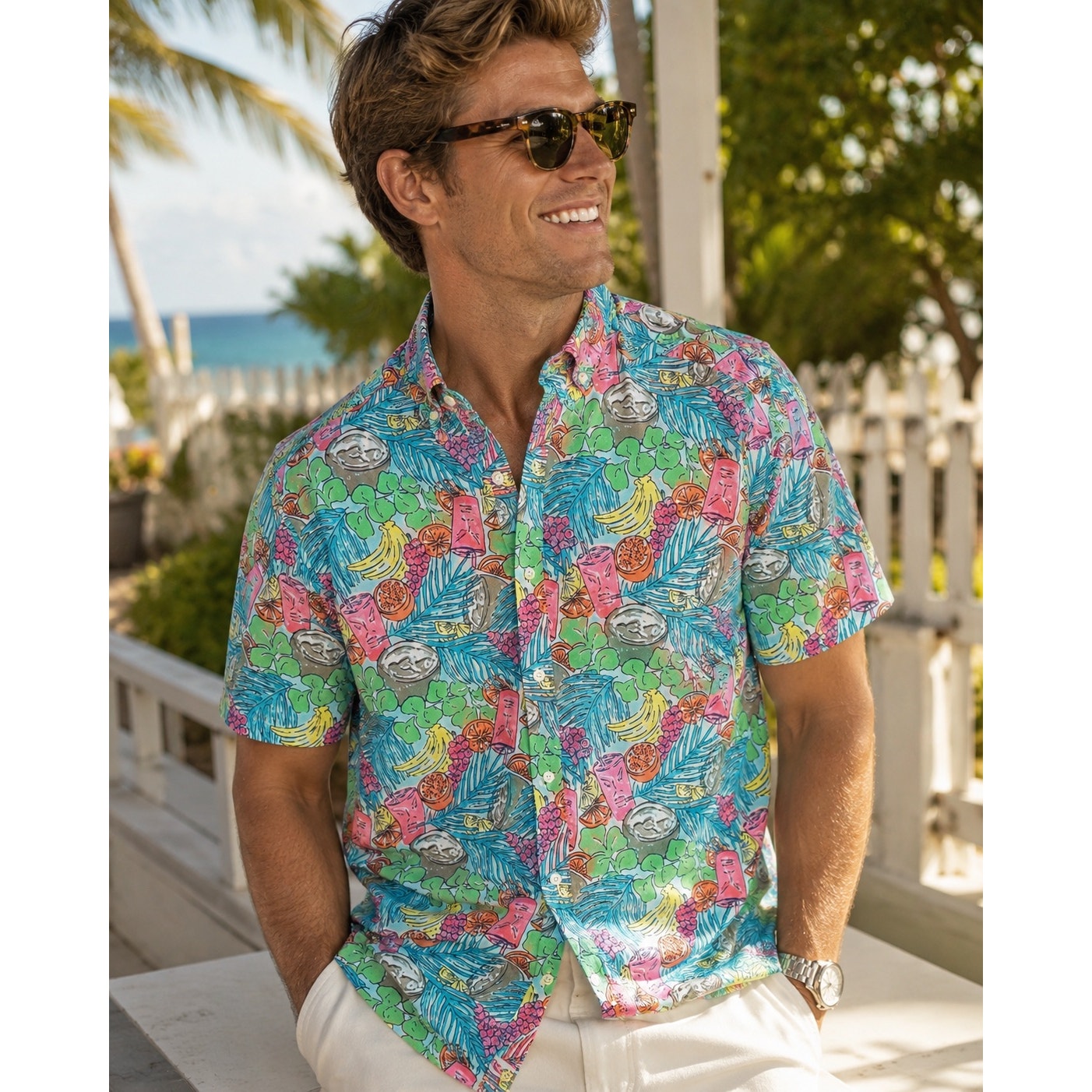 Vineyard Vines Tropical Classic Fit Short Sleeve Murray Shirt in Green, Pink, Blue, Yellow, Orange, Brown, White — Size XL // Preowned