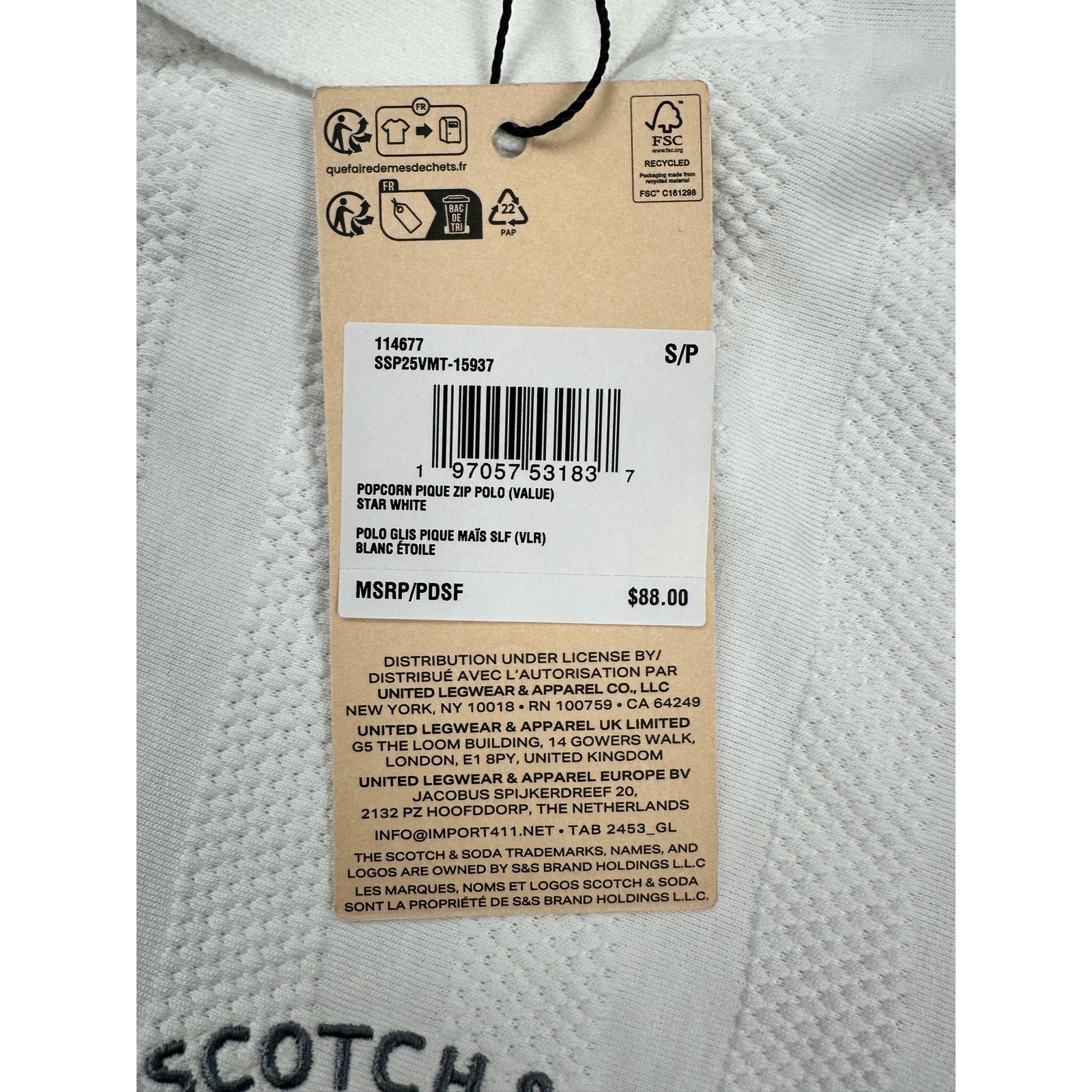 Scotch & Soda Popcorn Pique Zip Polo in Star White — Size Small