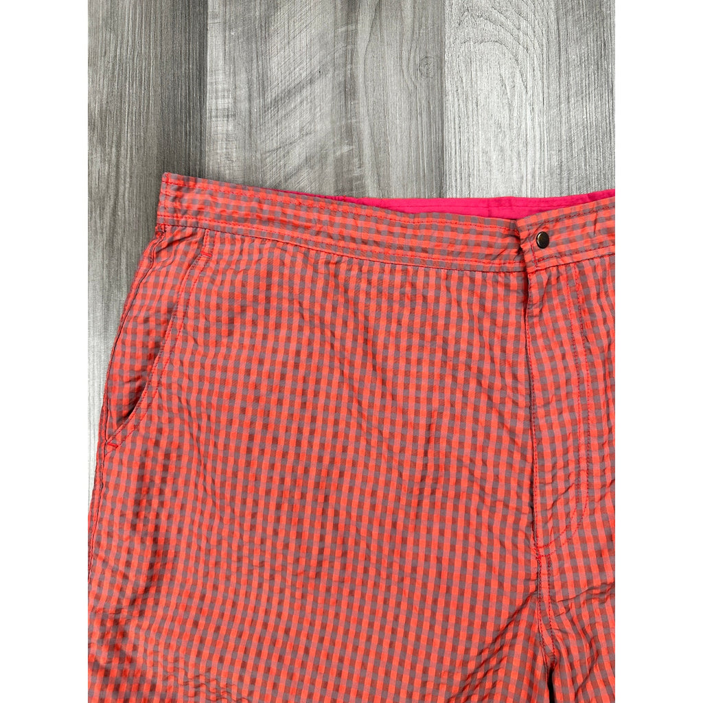Peter Millar Seersucker Gingham Swim Trunks in Red, Gray — Size 2XL // Preowned