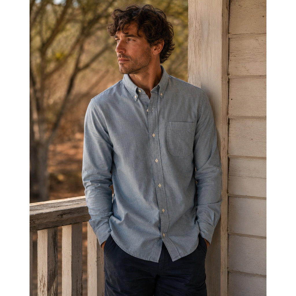 Buck Mason Japanese Chambray Long Sleeve Shirt in Blue — Size Medium