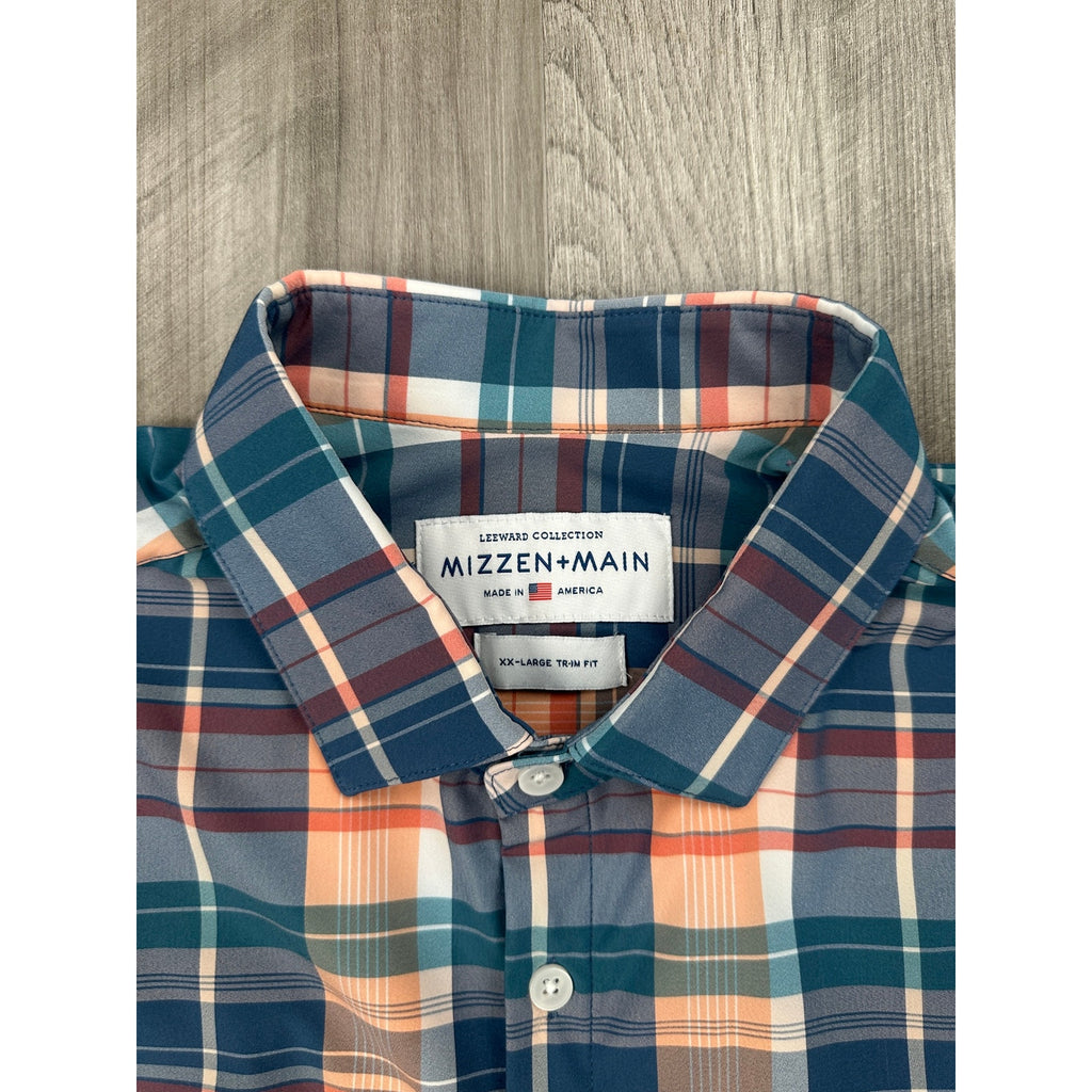 Mizzen+Main Leeward Collection Trim Fit Plaid Long Sleeve Button Down in Peach, Slate Blue, Teal, Green and White — Size 2XL // Preowned