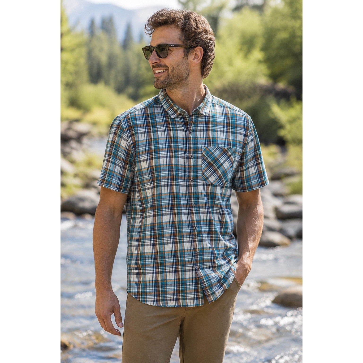 Kuhl Short Sleeve Plaid Button Down in Blue, Green, Orange, Red and White — Size Large // Preowned