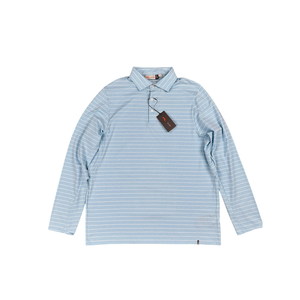 KJUS Soren Melange Stripe Long Sleeve Polo in Poolside, White — Size 56 (2XL)