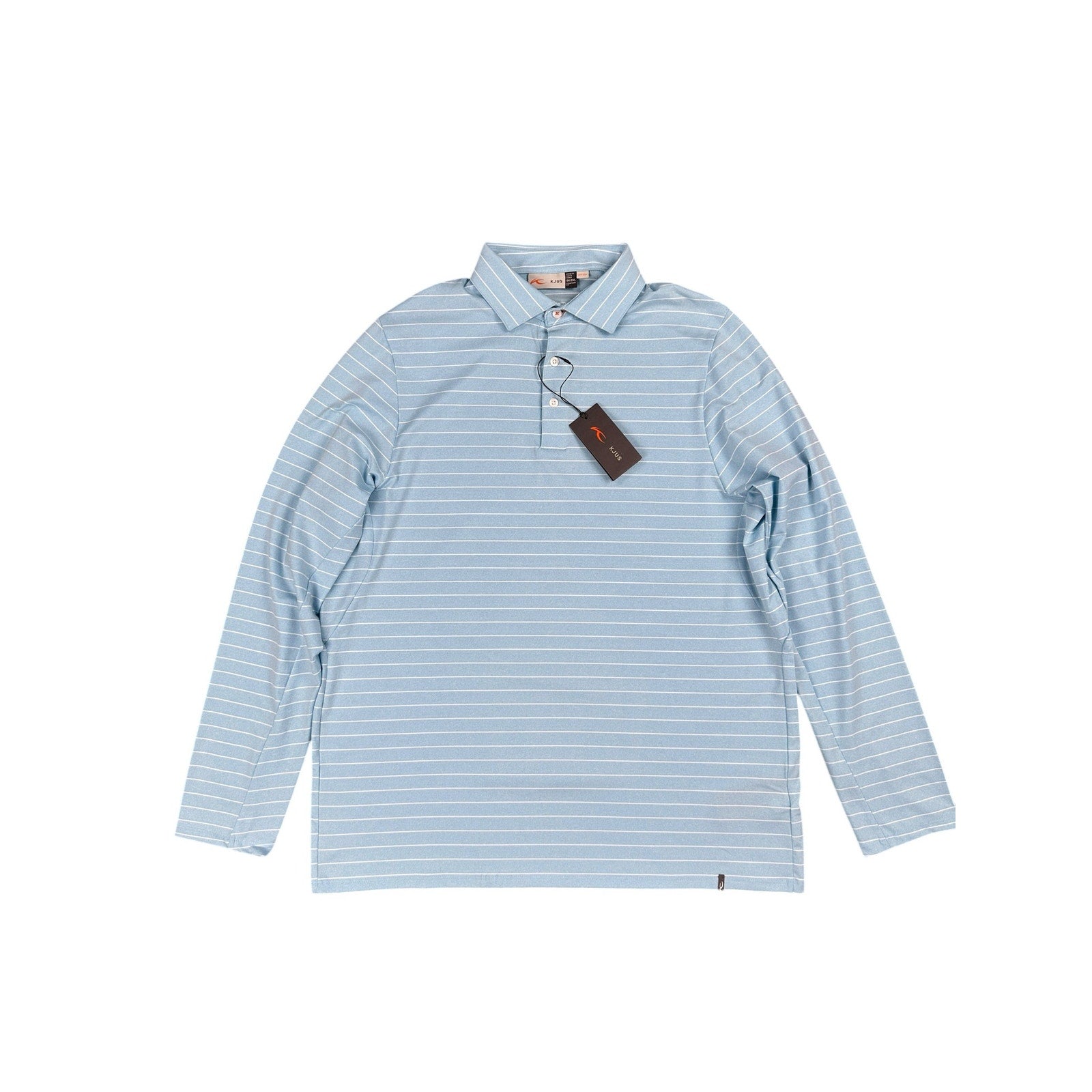 KJUS Soren Melange Stripe Long Sleeve Polo in Poolside, White — Size 56 (2XL)
