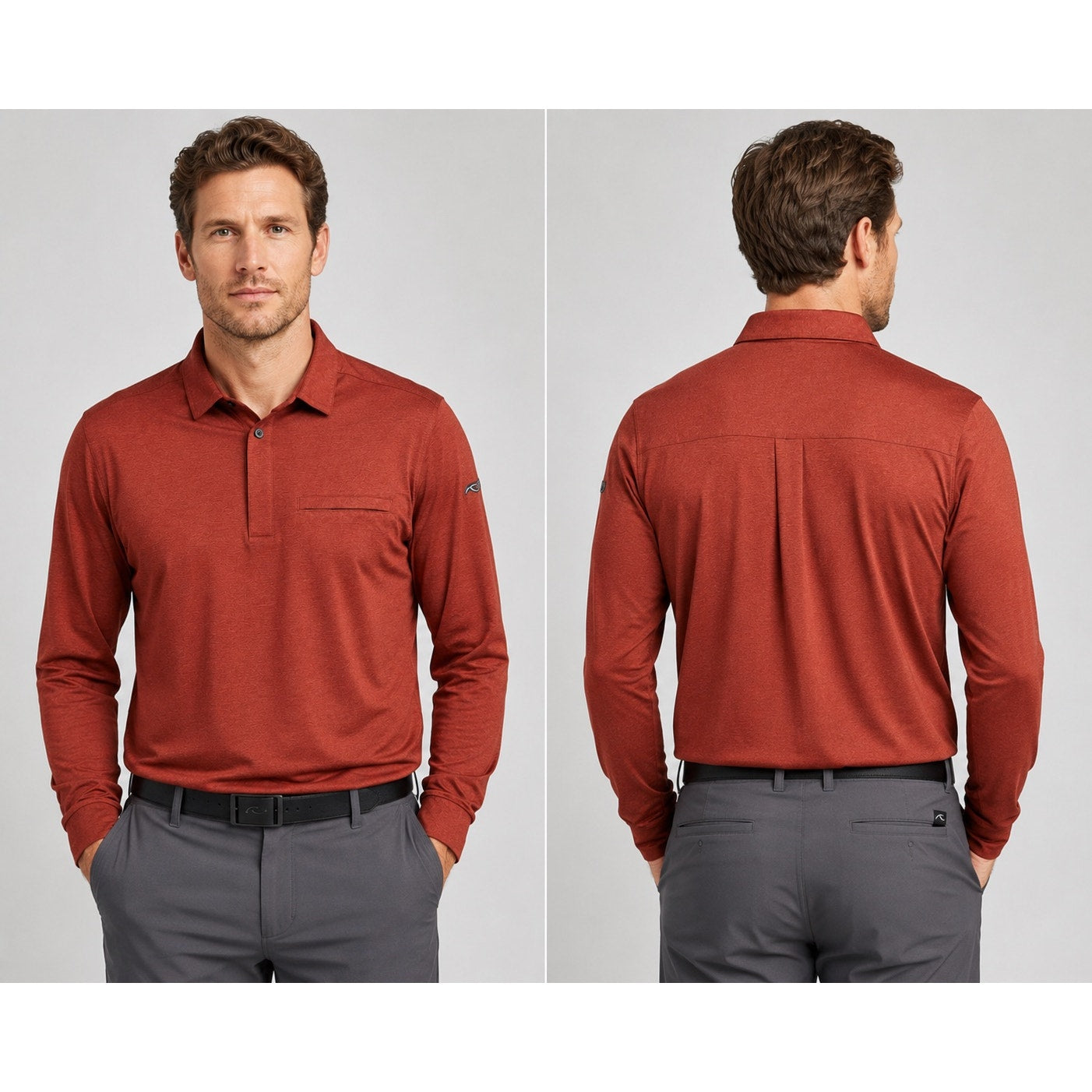 KJUS Inverness Tech Long Sleeve Polo in Cedar Red — Size 52 (Large)
