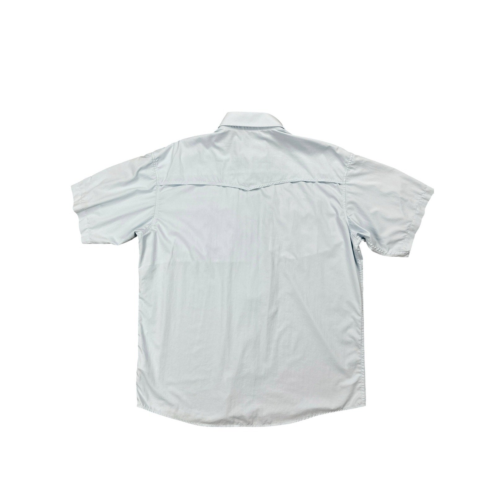 Poncho Regular Fit Western Performance Short Sleeve Pearl Snap Button Down in Light Blue — Size Large // Preowned