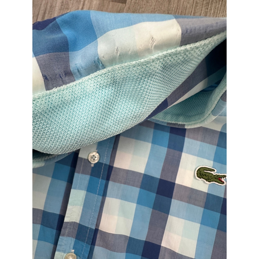 Lacoste Sport Trim Fit Checkered Short Sleeve Shirt in Blue, White — Size 39 (Medium) // Preowned
