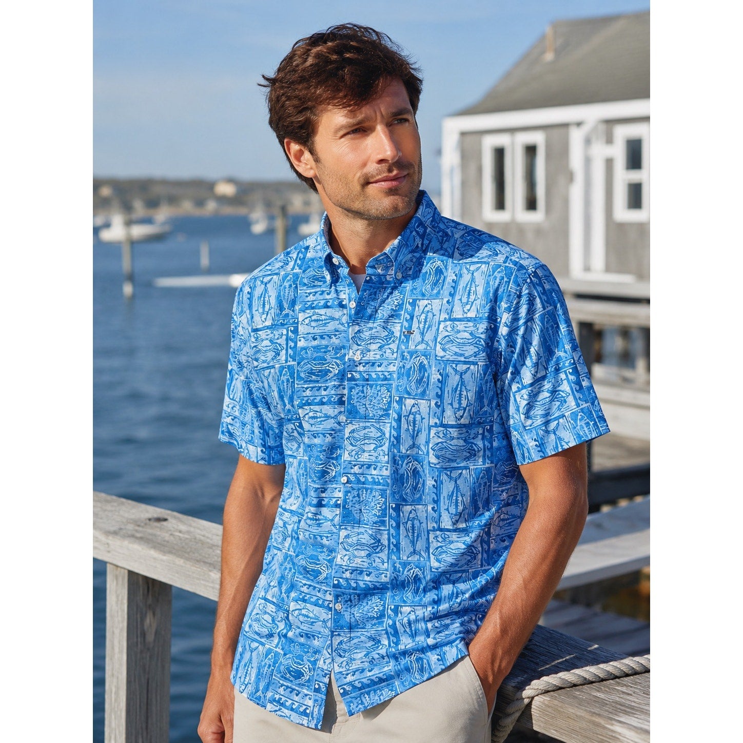 Vineyard Vines Performance Crab Fish Classic Fit Whale Shirt in Blue — Size Large