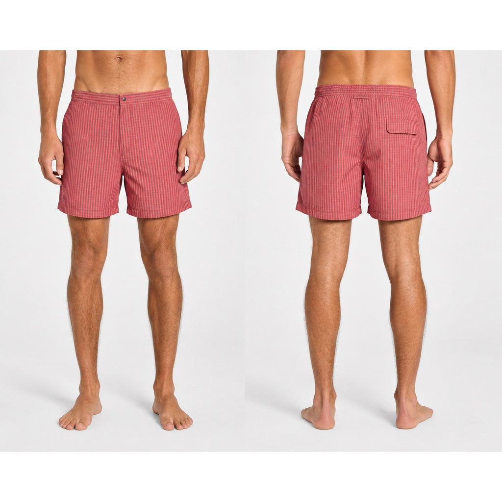 Peter Millar Seersucker Gingham Swim Trunks in Red, Gray — Size 2XL // Preowned